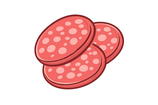 A cartoon illustration featuring three overlapping slices of red salami or pepperoni sausage with light pink fat circles, isolated on a plain black background.