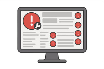 A flat illustration of a computer monitor displaying multiple red warning icons and a wrench symbol, representing a system error, technical failure, or maintenance alert.