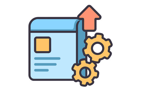 This flat design icon features a blue document window with two yellow gears and an orange arrow pointing up, symbolizing a software update, system upgrade, or data processing.