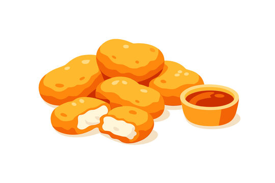 A vector illustration of a pile of golden-brown chicken nuggets with a small bowl of red dipping sauce on a black background. One nugget is split open to show the white meat.