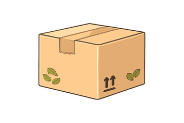 A cartoon illustration of a sealed cardboard shipping box with brown tape. The box features green leaf icons and black arrows indicating the correct orientation for transport. © Andrei