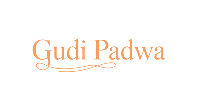 Elegant orange Gudi Padwa festive text design with decorative underline, traditional Hindu New Year celebration artwork, cultural seasonal greeting graphic