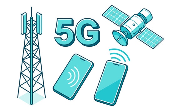 This teal and white isometric illustration depicts 5G technology components including a cellular tower, a satellite, and two mobile phones with wireless signal icons.