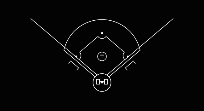 Baseball field layout outline, top view of sports ground lines on dark background.