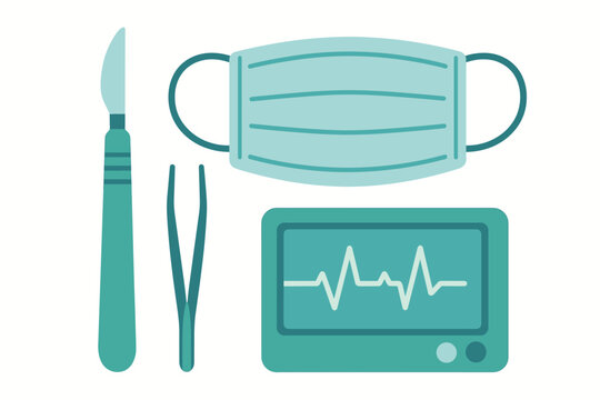 A flat illustration of medical equipment including a surgical mask, a scalpel, tweezers, and a heart rate monitor screen with an electrocardiogram wave on a white background.