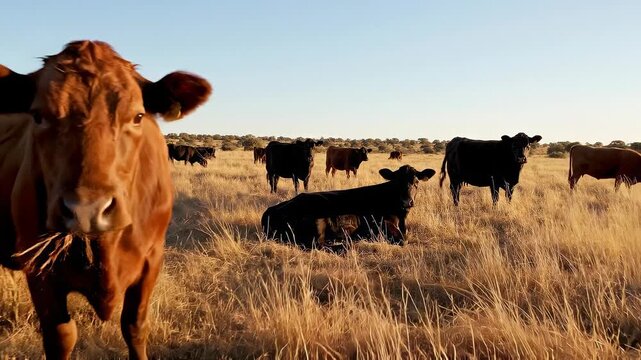 Cattle grazing on sunny pasture. Herd roams freely in golden fields, enjoying fresh grass. Peaceful livestock scene evokes serenity and rural charm.