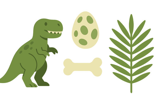 A cartoon green Tyrannosaurus Rex stands next to a spotted dinosaur egg, a bone, and a large green fern leaf against a black background. This flat illustration set features prehistoric elements.