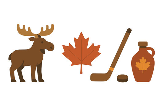 A flat vector illustration featuring iconic Canadian symbols including a brown moose, an orange maple leaf, a hockey stick with a puck, and a jug of maple syrup on a black background.