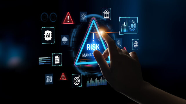 Futuristic risk management featuring AI agents analyzing data, detecting anomalies, and predict financial threats. Represents dynamic risk assessment, compliance, and cyber resilience. Corpus