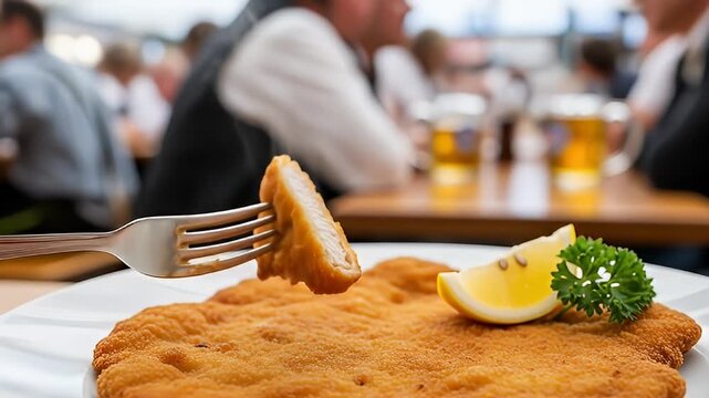 Crispy schnitzel served with lemon and parsley in a bustling beer hall atmosphere