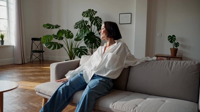 Woman relaxing on couch smiling in modern living room with large plant beside her wearing jeans and white shirt enjoying calm interior relaxation natural light casual pose conveying comfort