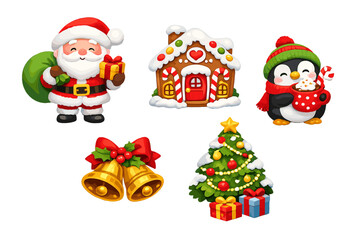Fototapeta premium A collection of five festive Christmas illustrations featuring Santa Claus, a gingerbread house, a penguin with hot cocoa, golden bells, and a decorated tree on a black background.