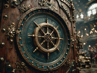 Fototapeta premium An ornate steampunk vault door with a teal wooden panel, brass gears, and rivets stands in a grand hall, its central wheel lock surrounded by intricate metalwork and mechanical details.