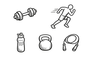 A collection of white hand-drawn fitness icons on a black background, featuring a dumbbell, a running person, a water bottle, a kettlebell, and a jump rope for workout themes. © Artstock