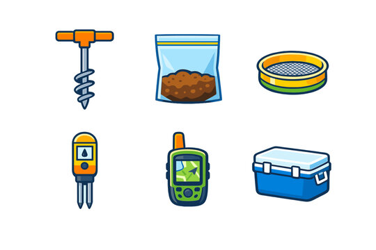 A collection of six colorful icons representing soil sampling equipment, including an auger, sample bag, sieve, moisture meter, GPS device, and a cooler box on a black background.