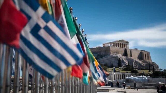 International flags waving with ancient building in the background