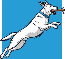 Obraz premium White dog jumping in the air with a stick in its mouth.
