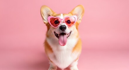 Adorable corgi dog with heart-shaped sunglasses and a pink background, happy expression