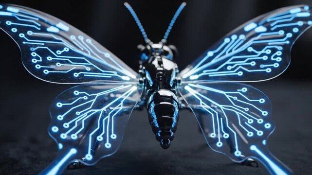 A futuristic robotic insect with glowing blue circuitry wings in flight viewed from a close-up perspective against a dark background