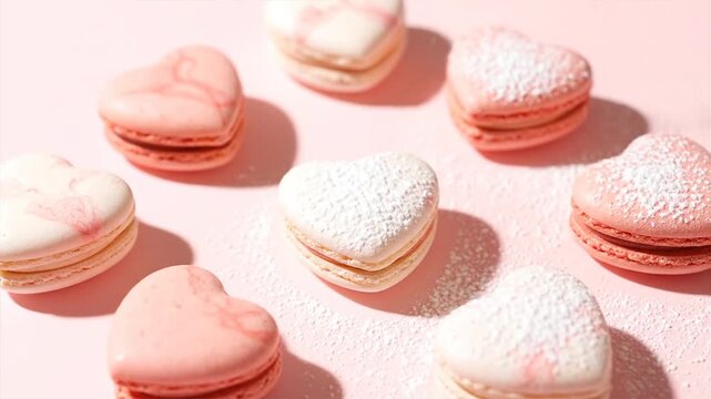 Heart shaped macarons on pink surface overhead shot for valentines day