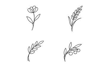 A collection of four minimalist botanical line art illustrations featuring a flower, a wheat stalk, a leafy branch, and a berry sprig, all rendered in white on a solid black background. © Artstock