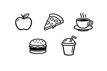 A collection of five minimalist white line art icons representing food and drink items, including an apple, pizza, coffee cup, burger, and soda, set against a solid black background.
