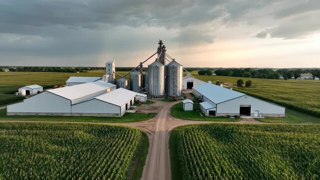 Aerial view of grain silos on a farm. Modern agriculture facilities stand amidst lush fields. Cloudy skies create a serene atmosphere for farming operations. Perfect for agricultural projects.