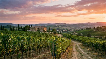 Fototapeta premium A serene vineyard landscape at sunset with rolling hills and a rustic stone building