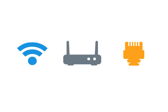 A set of three minimalist icons for network technology featuring a blue wireless signal, a grey router with antennas, and an orange ethernet connector on a black backdrop.