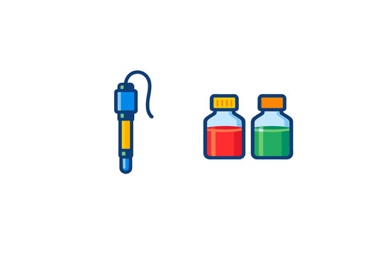 A flat illustration of a blue pH meter probe with a yellow sensor and two small glass bottles containing red and green liquids, set against a solid black background.