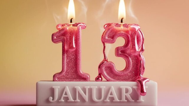Glowing January 13th Candles on Decorative Block