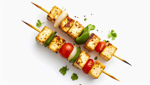 Grilled panner and vegetable kebab isolated PNG, delicious barbecue skewer with panner, tomatoes, peppers and onions on transparent background