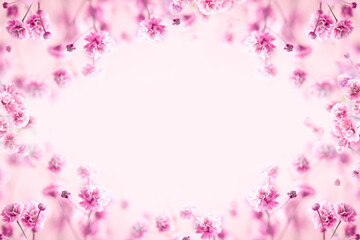 Delicate pink blossoms form a romantic floral frame with empty center space, ideal for spring designs, invitations, weddings, and feminine branding concepts.