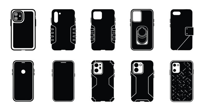 Collection of black smartphone cases in various protective designs
