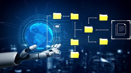 Fototapeta premium Robotic Hand Presenting Digital File Organization with Earth and Futuristic Elements in High-Tech Background Gluon.