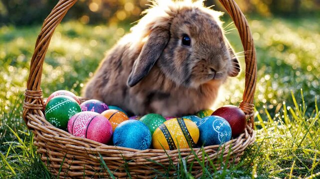 Easter bunny in basket with colorful eggs in sunny grass