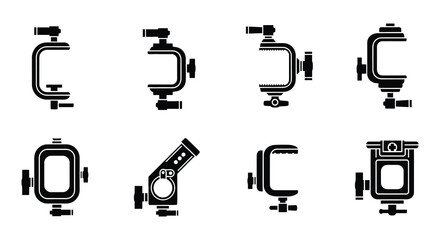 Fototapeta premium Variety of black clamp icons for different applications and equipment