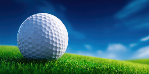Obraz premium Golf ball resting on green grass under blue sky