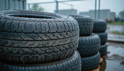 Obraz premium Stacked car tires with raindrops on a rainy day