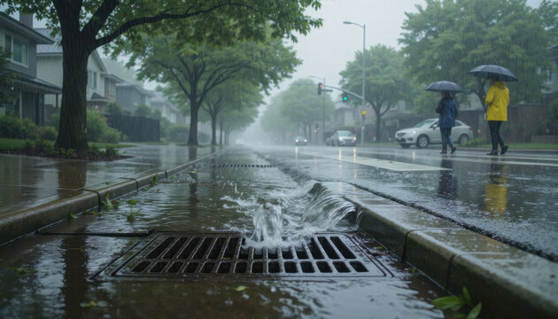 Overflowing storm drain during heavy urban rain