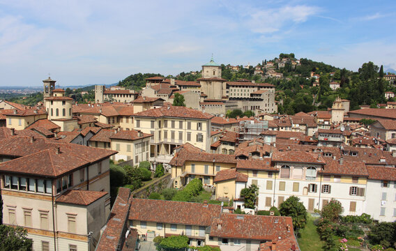 Panoramic view of San Vigilio Hill from the Tower of Campanone in Bergamo. Civic Museum of Natural Sciences and the Episcopal Seminary Giovanni XXIII.