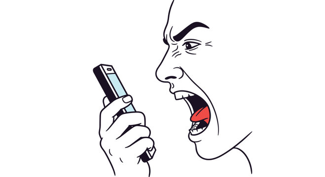 Profile illustration of an angry bald man with an open mouth screaming at a smartphone held in his hand.