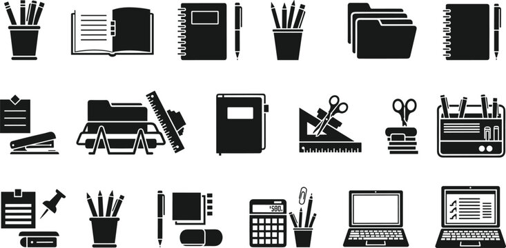 Professional office stationery and school supplies silhouette icon set featuring notebooks pencils calculators laptop computers and organizational document folder vector elements