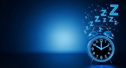 Blue glowing alarm clock with "Z" symbols floating above, on a gradient blue background