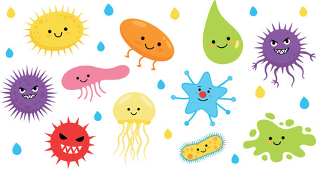 Set of cute cartoon bacteria and virus characters including funny germs microorganisms and pathogens flat vector illustration isolated