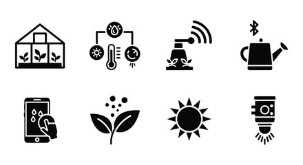 Black and white icons depicting elements of modern agriculture and gardening