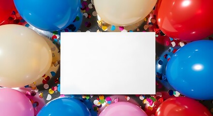 Bright, colorful balloon-framed blank card. Surrounded by confetti on reflective surface