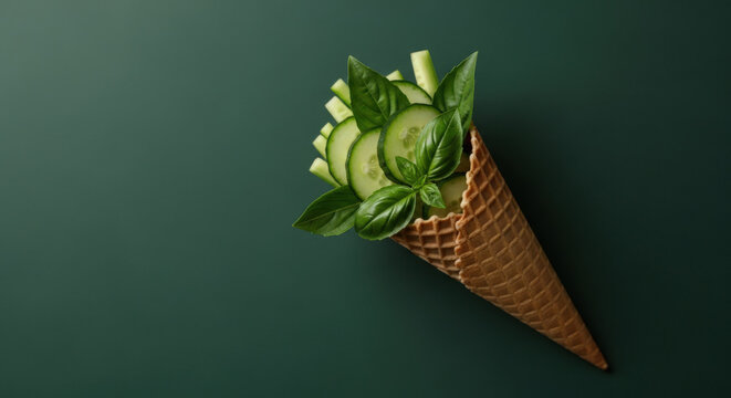 Culinary Delight A Refreshing Ice Cream Cone Filled with Fresh Cucumber Slices and Basil Leaves on a Dark Green Backdrop Showcasing Healthy Eating and Creative Food Presentation