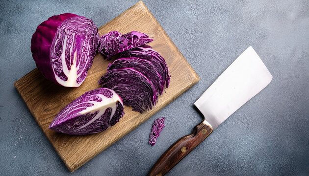 fresh red cabbages and knife on grey table flat lay