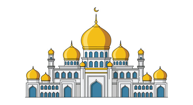 An ornate mosque features numerous golden domes and multiple minarets, showcasing intricate architecture against a clear white background.